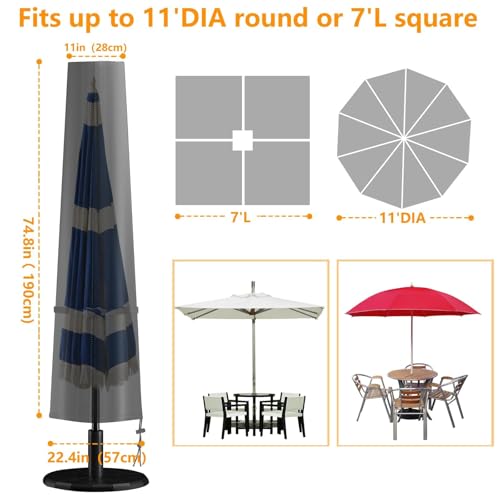 Patio Umbrella Cover, Market Umbrella Cover, Waterproof Durable, Patio Parasol Covers with Zipper, Outdoor Garden Market Umbrellas Windproof Anti-UV Protective Cover for 7ft to 11ft (Black)