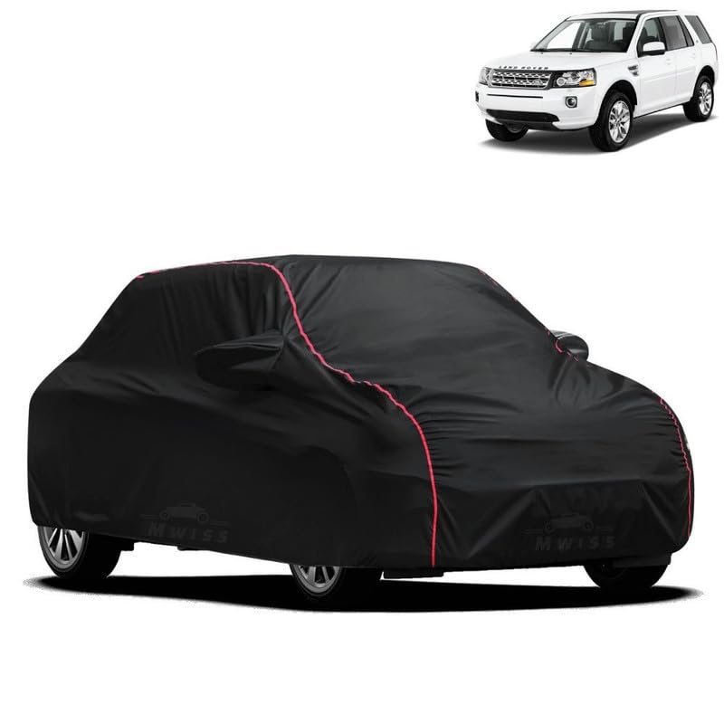 Image of Waterproof Car Cover for Land Rover Freelander | All-Weather Protection, Dustproof & UV Resistant | Triple Stitched Mirror Pockets, Windproof Buckle Strap with Elastic Hem, Black-Red Piping