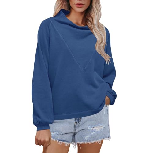 Ladies Crew Neck Sweatshirts Loose Fit Solid Color Lightweight Long Sleeve Pullover Tops Women Autumn Winter Going Out Holiday Lounge Sweatshirt Blue