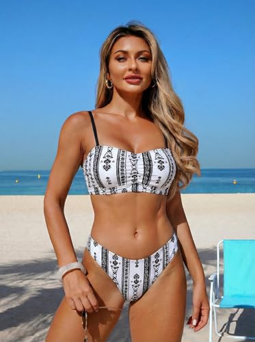 Image of ZAFUL Women 4pcs Ruched Striped Bikini Set High Cut Swimsuit with Sheer Fringed Cover Up Side Slit Shorts
