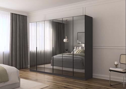 Rauch Möbel Skyla, Kleiderschrank für Schlafzimmer, Kinderzimmer, Jugendzimmer, Garderobe, Flur, 6-türig mit Grauspiegel, Griffstangen Grau metallic, Farbe Grau metallic, Schwarz, Maße 271x210x54cm