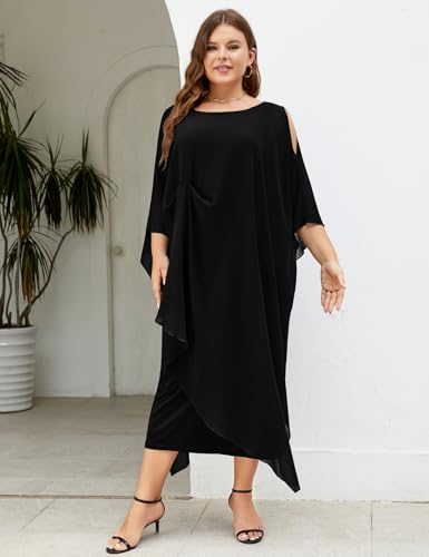 Image of ZOMVA Plus Size Elegant Formal Dress Long Cape Overlay Wedding Guest Formal Cocktail Mother of Bride Outfit