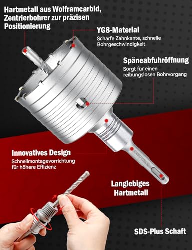 KAFUWELL Bohrkrone 68mm SDS Plus mit Schnellkupplung 110mm, Steckdosenbohrer für Unterputz, Steckdosen Lochbohrer Kernbohrer, Hammerschlagfest Dosenbohrer 68mm für Mauerwerk Beton Ziegel