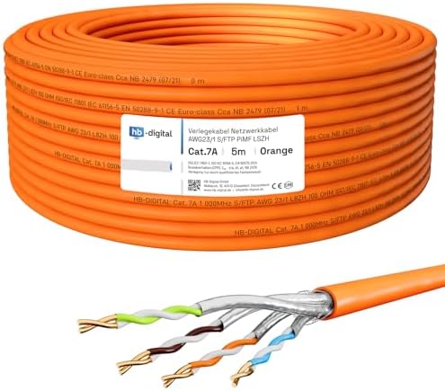 HB-DIGITAL 10 m CAT.7a kabel sieciowy LAN kabel instalacyjny AWG 23 czysta miedź S/FTP PiMF LSZH bezhalogenowa zgodność z RoHS-Compliant Ethernet kabel instalacyjny kabel do transmisji danych PoE 10