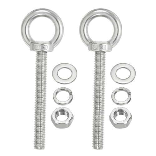 Image of PATIKIL M14 x 100mm Lifting Shoulder Eye Bolt, 2Pcs 304 Stainless Steel Lifting Ring Threaded Eyebolt with Nuts Washers for Hanging Hammocks Articles