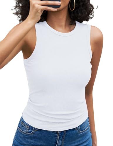 Aottori Tops Damen Sommer Oberteile Ärmellos Rundhals Basic Tanktop Gerippt Slim Fit Tank Top Stretch Einfarbig Weiß M