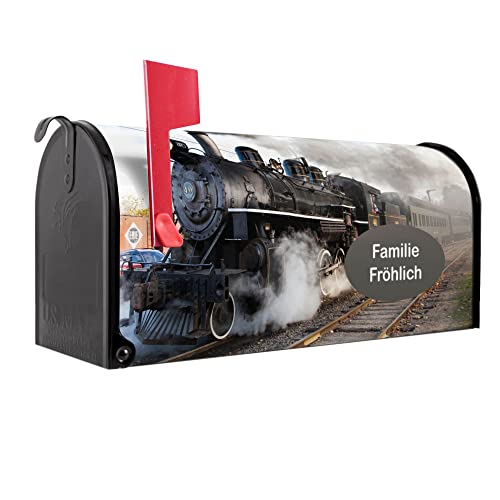 banjado® Amerikanischer Briefkasten - US Mailbox/Letterbox mit Motiv Dampflok 51x22x17cm - Postkasten Stahl aus Amerika – Briefkasten amerikanisch schwarz pulverbeschichtet