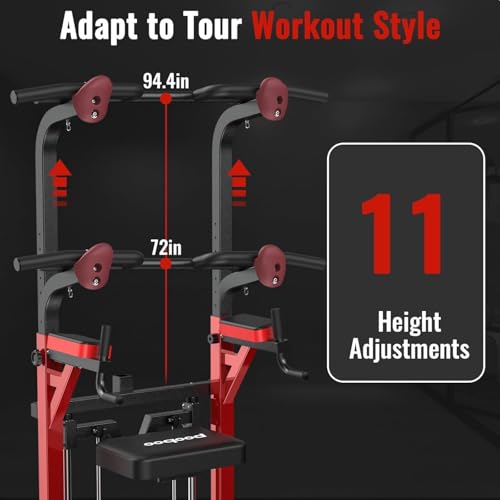 Image of Pooboo Power Tower Dip Station Pull Up Bar for Fitness Home Gym Workout,450 Pounds Multi-Function Adjustable Height Fitness Strength Training Exercise Equipment,with Power Elastic Ropes