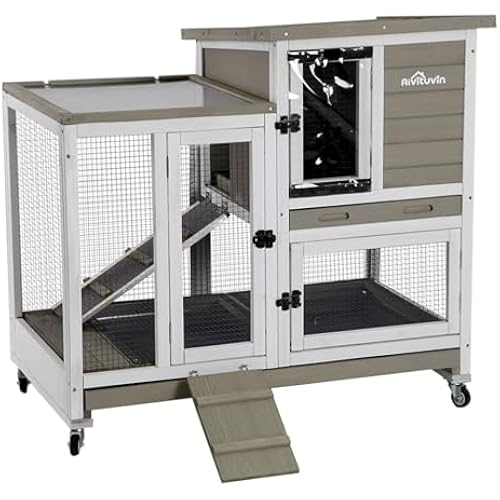 Aivituvin Upgrade Rabbit Cage Indoor Bunny Hutch with Run with Two Deeper No Leak Trays - 4 Casters Include for Outdoor (Mocca)