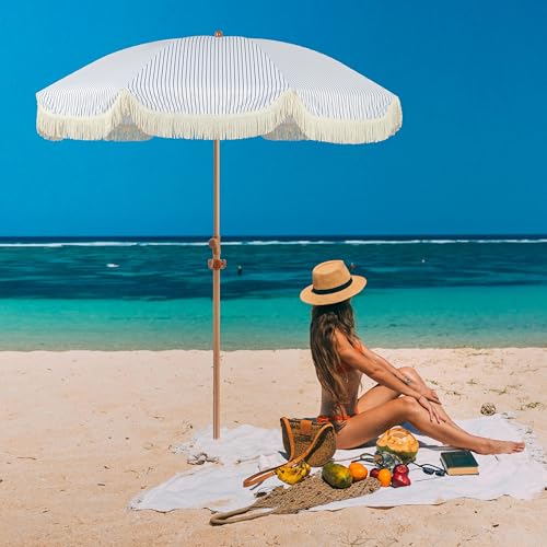 Seazul 6.5ft Patio Umbrella with Fringe, Beach Umbrella, Fringe Umbrella Outdoor Patio with Hanging Hook, Tilting Aluminum Pole, UV 50+, Fiberglass Ribs, Blue White Stripe by Seazul - Used condition - Image 3