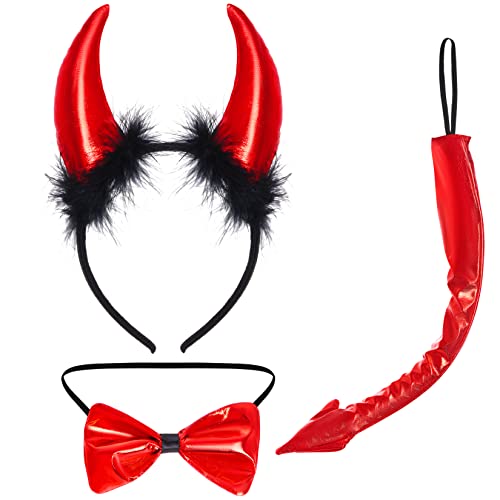 baotongle Set di 3 pezzi da corna del diavolo, costume da diavolo, corna del diavolo, cerchietto per capelli con papillon, coda del diavolo, per adulti, carnevale, nero e rosso, Taglia unica
