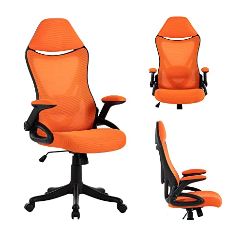 Nordicana Orange Ergonomic Mesh Office Chair, High Back Desk Chair - With Upholstered Headrest, Flip-Up Arms, Tilt Function, Lumbar Support, Swivel Computer Task Chair #TOP18