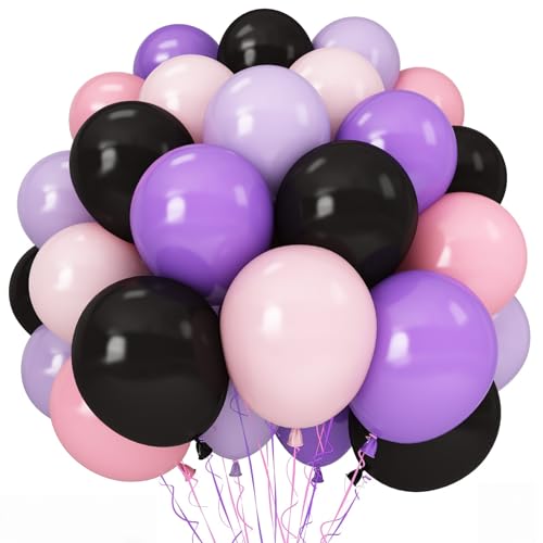 Image of Pink Purple Black Balloons, 60pcs 12 Inch Dusty Pink Purple and Black Party Balloons for Girls Birthday Bride Baby Shower Wedding Bachelorette Spooky Witch Themed Halloween Party Decorations Supplie