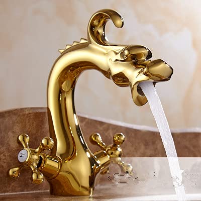 WXXGY Waschtischarmatur Drachen-Stil-Badezimmer-Wasserhahn, weißes und goldenes Wasser-Waschtisch-Mischbatterie, Messing-WC-Waschbecken antike Becken-Armaturen Wasserhahn Bad (Color : Gold Short) Cover