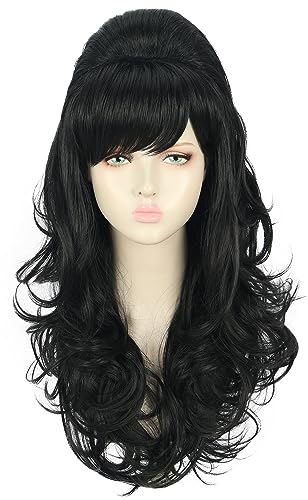 yuehong Long Black Wavy Women Wig Big Bouffant Beehive 60s 70s Cosplay Costume Wig Resistant Synthetic Fibers Fluffy Durable Soft Hair