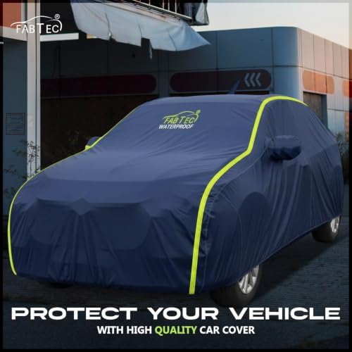 Image of FABTEC Waterproof Car Body Cover for Tata Nexon New Outdoor /Indoor All Weather Protection with Mirror Pocket Triple Stitched (Premium Navy Blue with Neon Piping)