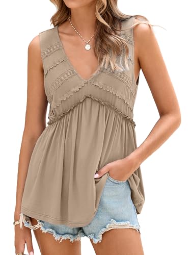 Glamaker Women Summer Tank Tops Babydoll Beach Lace Peplum Tops Flowy Sleeveless V Neck Casual Tunic Shirts 2026 (Light Coffee L)