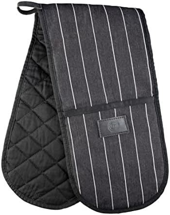 MasterChef Double Oven Gloves Heat Resistant 100% Cotton Black Cooking Stove Mitt Pot Holder With Vegan PU Leather Logo & Hanging Loop, Machine Washable