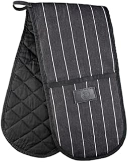 MasterChef Double Oven Gloves Heat Resistant 100% Cotton Black Cooking Stove Mitt Pot Holder With Vegan PU Leather Logo & Hanging Loop, Machine Washable