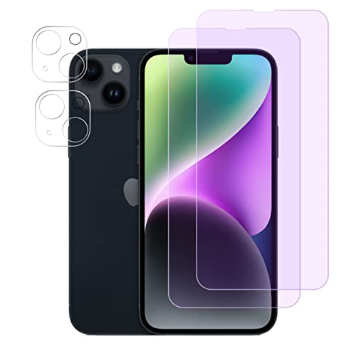 FiiMoo Verre Trempé Compatible iPhone 14 Plus, Anti Lumière Bleue Protection écran+Caméra Arrière Protecteur [2+2 Pièces] [Soulage la Fatigue Oculaire] [Anti-Rayures] Protection d'écran Cover