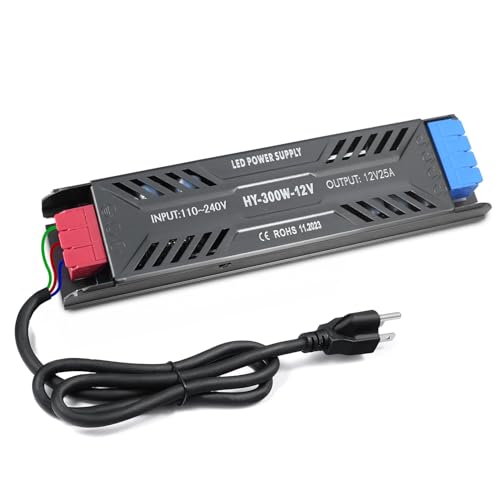 Image of LED Driver with Plug 12V 300W Ultra Slim LED Power Supply 110V AC to 12V DC 25A 300 Watt Quiet Low Volt Converter LEDs Transformer Constant Voltage for LEDs Strip Light, Indoor