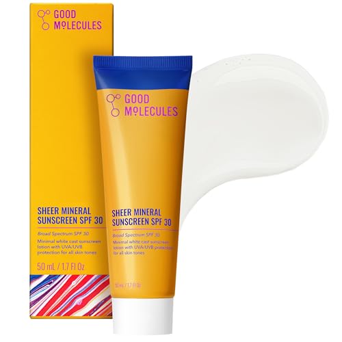 Good Molecules Sheer Mineral Sunscreen SPF 30 - Minimal White Cast Zinc Oxide Sunscreen For Face - Hydrating Hyaluronic Acid UVA/UVB Protection Reef-Safe