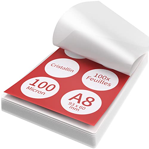 ACROPAQ Arkusze laminatora A8-100 mic, 100 kieszeni, błyszczące, format wizytówki, wysoka jakość, zaokrąglone rogi, odpowiednie do materiałów rzemieślniczych - 18017