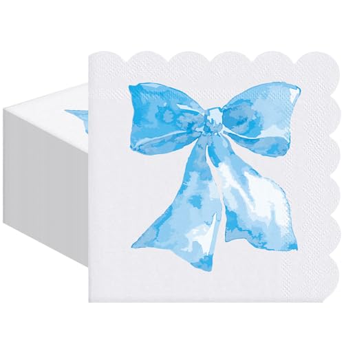 150 Pcs Blue Bow Napkin, Baby Shower Napkins, Bow Paper Napkins, Square