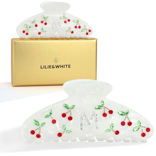 Image of LILIE&WHITE Christmas Gift Acrylic Cherry Letter Hair Clips For Women With RhinestonesInitial Hair Claws For Thick Hairs Trendy Monogram Large Clips Fashion Big Claw Clip Jewelry Gift Alphabet M