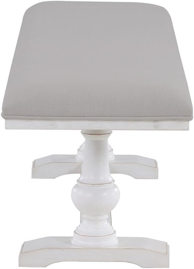 Pemberly Row Upholstered Bench, 60 in, Engineered Wood Base, White Finish, Polyester Linen-Like Fabric, Solid Wood Legs, Timeless Design, Comfortable Seating for Living Room, Bedroom, Hallway, or