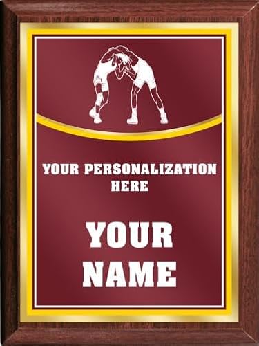 Crown Awards Wrestling Plaque Award, 6x8 Recognition Award with Custom Engraving, Maroon with Gold Printed Plaque On Wood Finish