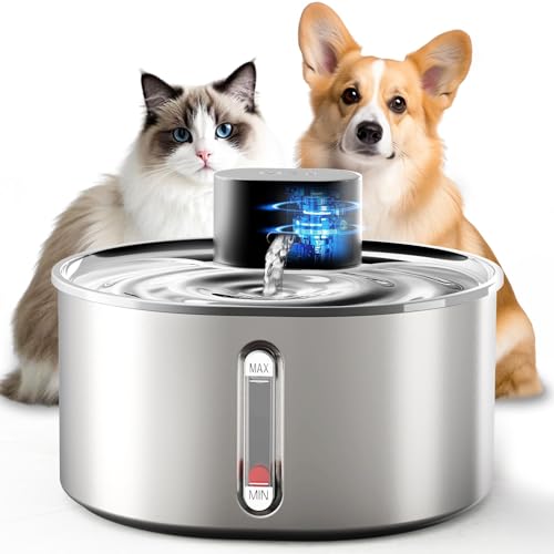 Nasebila No Pump Cat Water Fountain, 3.2L/108oz Wireless Stainless Steel Pet Water Fountain, Cordless Automatic Dispenser, Battery Operated Cat Fountain with Motion Sensor, Dual Mode