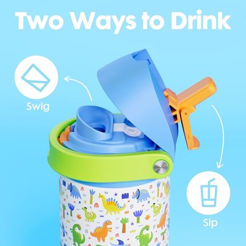 Image of Meoky 2 Pack 18 oz Insulated Stainledss Steel Water Bottles for Boys Girls | 2-in-1 Straw and Spout Lid, Leak Proof, Fits in Car Cup Holder, BPA-Free for School Gym Travel, Dinosaur Party & Pink Bows
