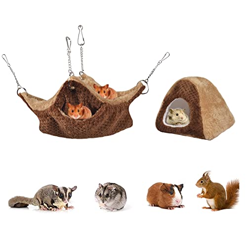 Petmolico 2 Pack Small Animal Hammock, 2 Layer Hamster Hanging Hammock And Warm Plush Tent Bed For Ferret Rat Guinea Pig Chinchilla, Brown #TOP3
