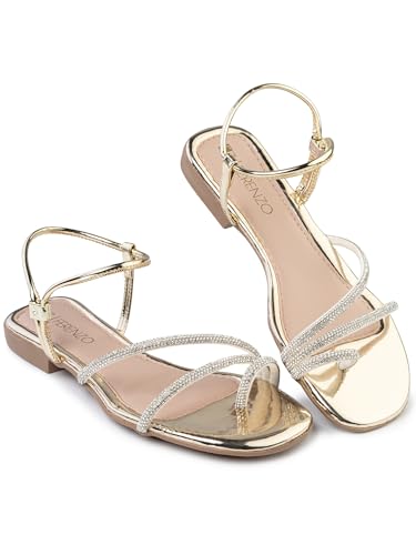 Sandália Feminina Rasteira Casual Flat com Tiras Brilhantes, Dourado, Ouro,