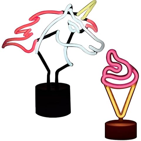 Amped & Co Unicorn Neon Desk Light, Real Neon, White, Yellow, and Pink, Large 11.5 x 12 inches & Ice Cream Desk Light, Mini LED Neon Collection, Night Lite, Battery Powered, 8 inches, Pink and Yellow Cover
