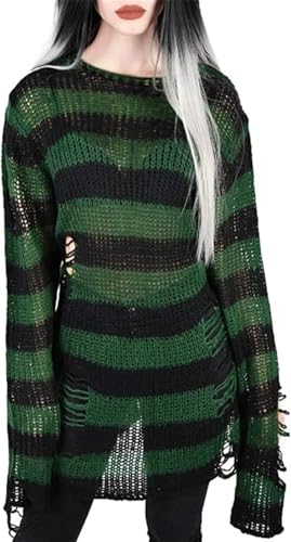 Image of LLECDASEUI Womens Gothic Striped Hole Ripped Long Sweater, Y2K Grunge Hollow Out Knit Jumper, Oversized Distressed Pullover Tops (One Size,Black&Green)