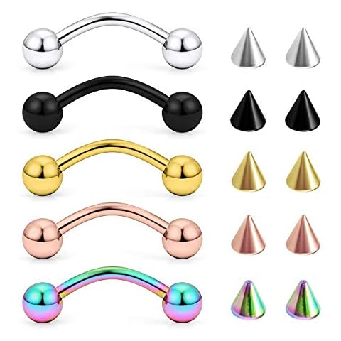 VFUN 16G Eyebrow Rings Curved Barbell Piercing Rook Helix Tragus Earring Lip Belly Rings Stainless Steel with Replacement Spike 10mm Cover