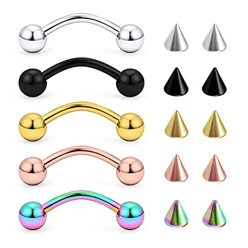 VFUN 14G Piercing Ceja Anillo Curvados Barbell Piercing Oreja Rook Helix Tragus Piercing Labio Ombligo Anillo Acero Inoxidable con Reemplazo Spike 12mm