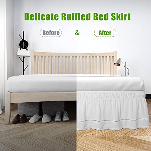 Lewondr Wrap Around Bed Skirts, Hotel-Quality Openwork Ruffles For Queen & King Beds With 15 In. Drop, Silky Fabric With Adjustable Elastic Belt Easy Fit Wrinkle & Fade Resistant, White #TOP3