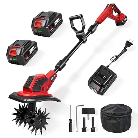 Cordless Tiller for Gardening, 360RPM Electric Garden Tiller with 2x4.0Ah Batteries & Charger, 9.5In Tilling Width and 6.7In Depth Garden Rototiller Cultivator for Lawn, Gardening, Soil Cultivation