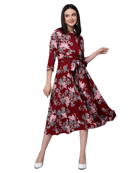 KRAVEWomen Floral Printed Wine and Multi Polyester Smart Casual Dress
