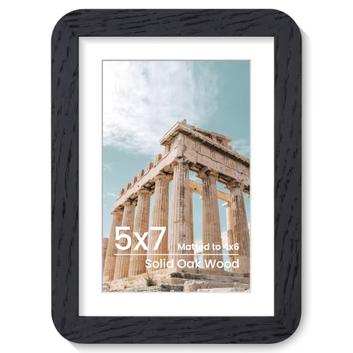FLYJOE 5x7 Solid Oak Wood Photo Frame | 5x7 Picture Frame With Mat For 4x6 | Plexiglass And Hanging Hardware Included | Black Wood (1 Pack)