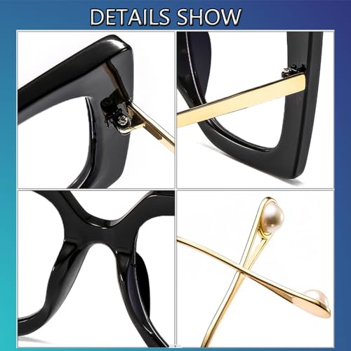 Image of Oversized Square Blue Light Blocking Glasses for Women Thick Fashion Pearl Inlay Arm Eyewear Computer Eyeglasses