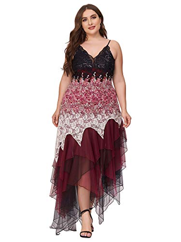 Ever-Pretty Women s High Low A-line Sleeveless Lace Backless Plus Size Prom Dress Burgundy US16