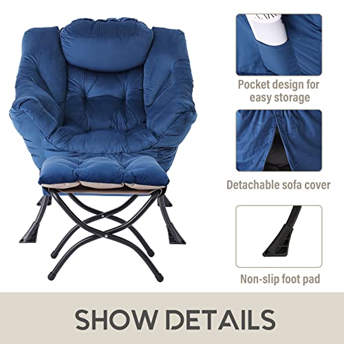 LITA Lazy Chair with Ottoman, Modern Accent Leisure Upholstered Sofa Chair, Contemporary Lounge Reading Chair with Armrests and a Side Pocket for Living Room, Bedroom & Small Space, Royal Blue - Thumbnail 5