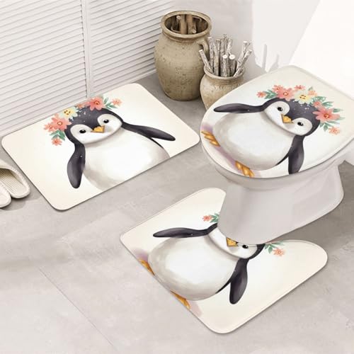 ペンギン着花バスルームラグセット 3ピース、U字型トイレフロアマット+滑り止めマイクロファイバーバスマット+トイレ蓋カバーマット、ホームデコレーション用ソフト吸収バスラグカーペット