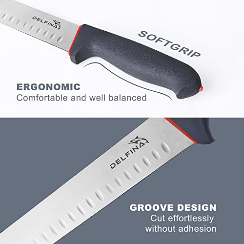 Delfina 12 Inch Brisket Slicing Knife W/Sheath & Softgrip Handle, Ultra Sharp Premium Carving Slicing Knife For Meat Cutting, Great For Slicing Roasts, Meats, Fruits And Vegetables #TOP1