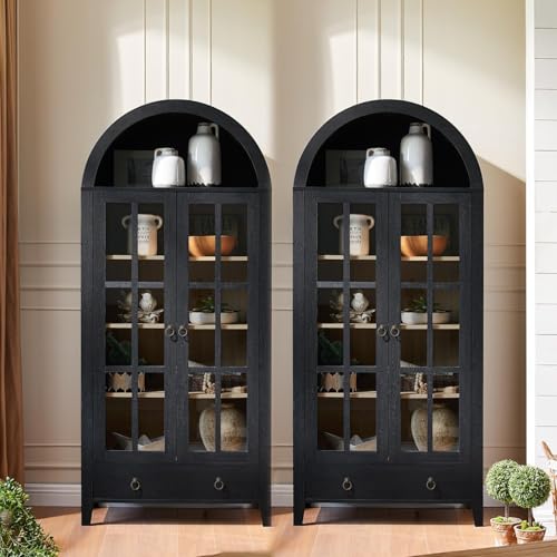 RowyPoey Farmhouse Arched Cabinet with Glass Doors, Wood Display Cabinet with Drawer and Adjustable Shelves, 71&rdquo; Tall Bookshelf Modern Storage Kitchen Pantry for Living Room,Office (Black, 2 PCS)