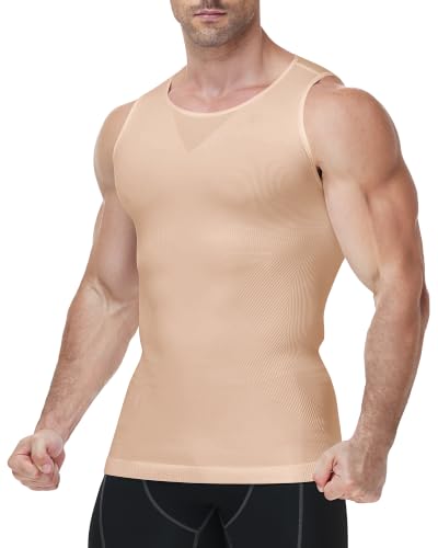 Image of Runhit Compression Shirt Men Shapewear Vest Slimming Body Shaper Seamless Tank Top Base Layer Breathable Muscle Support T-Shirt Moisture Wicking Sport Undershirt Nude M